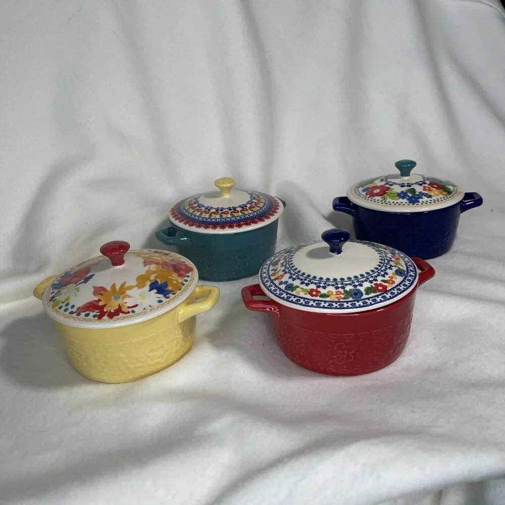 pioneer woman SET OF 4 SMALL INDIVIDUAL BAKEWARE WITH LIDS/COVERS bakeware set